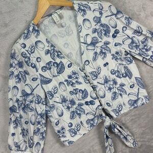 Joie Women's Button Front Tie Hem Blouse Blue Botanical Print Linen Sz S